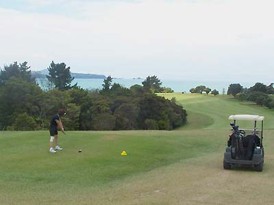 Sharon teeing off at Waitangi Golf Club