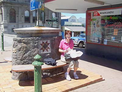 Sharon having fish & chips in Lyttleton