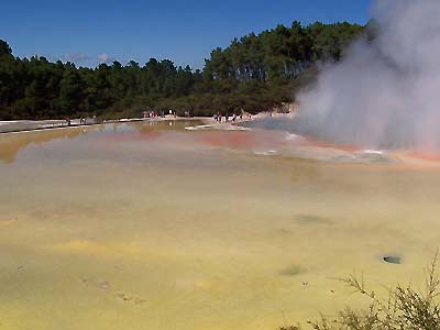 Walkway through a large thermal area with multiple colours