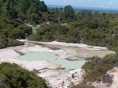 View from above of several thermal pools (too far to walk)