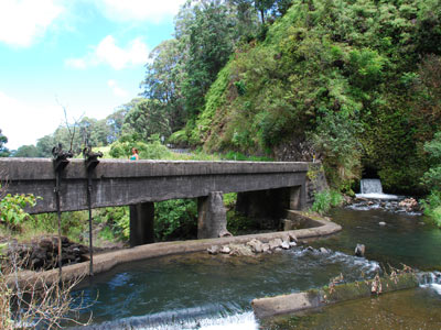 A small falls and bridge